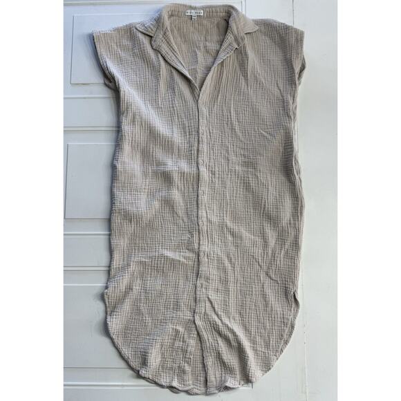 Muse Dresses & Skirts - Miou Muse Tan Cotton Button Down Mini Shirt Dress Size S/M Flutter Sleeve Pocket